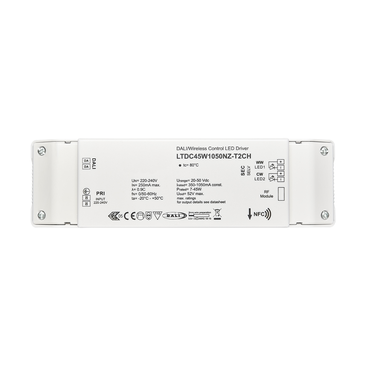 LED-Treiber 45W – DALI-2 & Push Dimming, Konfigurierbarer Strom 350-1050 MA
